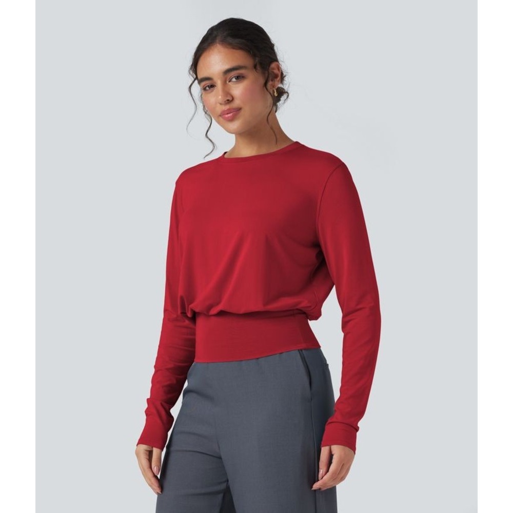 HALARA | Work Top Women L Haute Red Round Neck Long Sleeve Banded Waist Blouse
